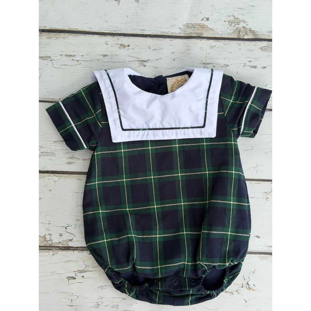 The Beaufort Bonnet Company little boys Tartan plaid bubble 0-6m navy green EUC